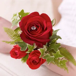 Red Rose & Fern Wrist Corsage